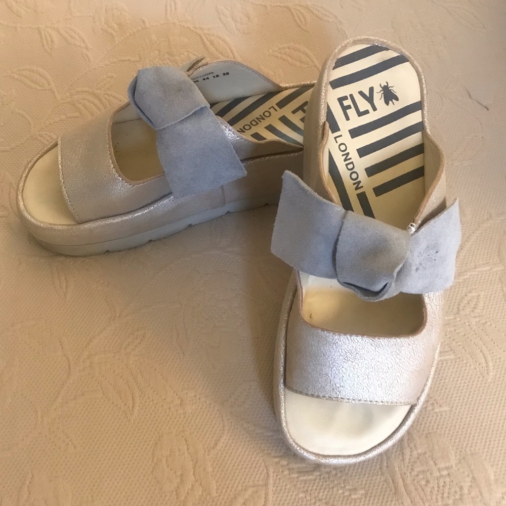 Fly London Silver and Blue Sandals